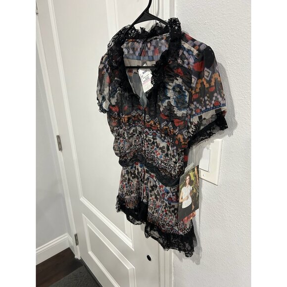 Lapis Sheer Lace Trim Button Front Blouse Black Multi Sz Large Whimsigoth NWT - Picture 3 of 10
